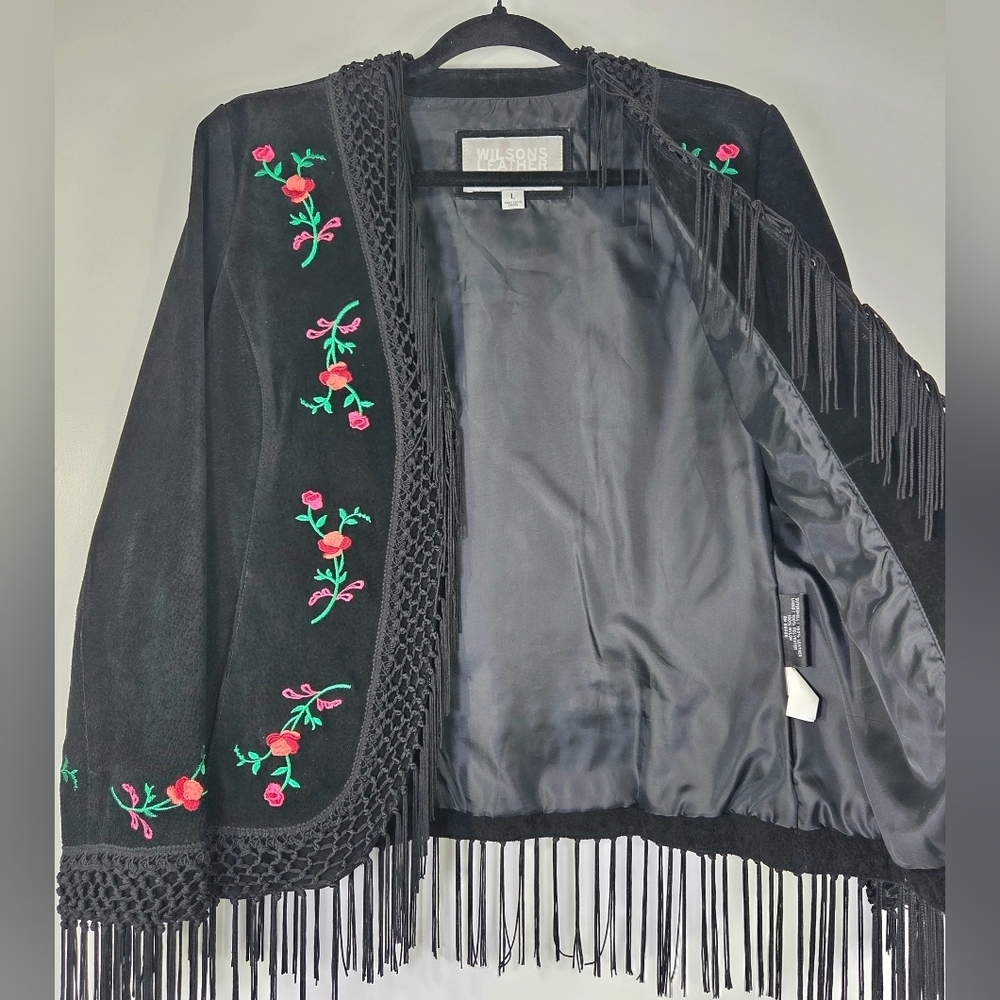 RARE VINTAGE WILSONS LEATHER MAXIMA EMBROIDERED SUEDE FRINGE BOHO JACKET. - Picture 4 of 9